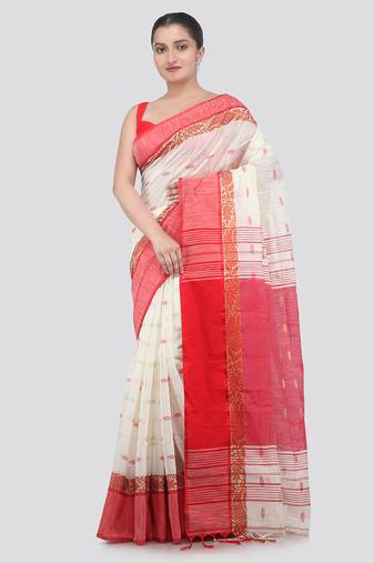 off white handloom cotton bleand saree with blouse piece
