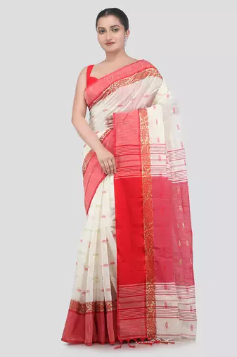 off white handloom cotton bleand saree with blouse piece