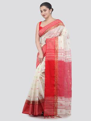 off white handloom cotton bleand saree with blouse piece 2