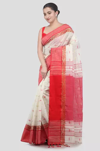 off white handloom cotton bleand saree with blouse piece