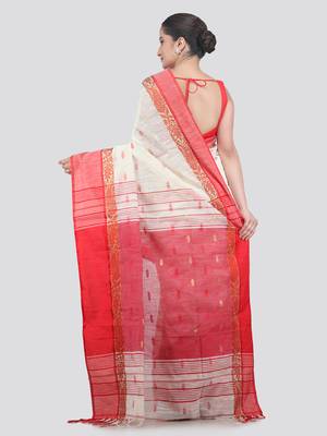 off white handloom cotton bleand saree with blouse piece 3