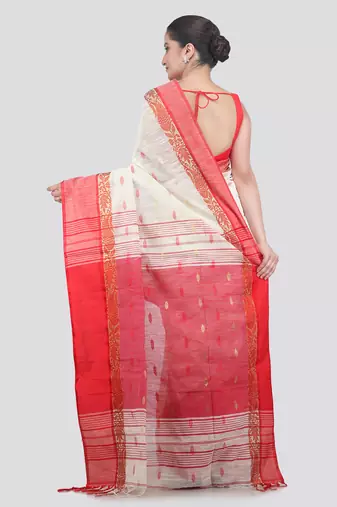 off white handloom cotton bleand saree with blouse piece