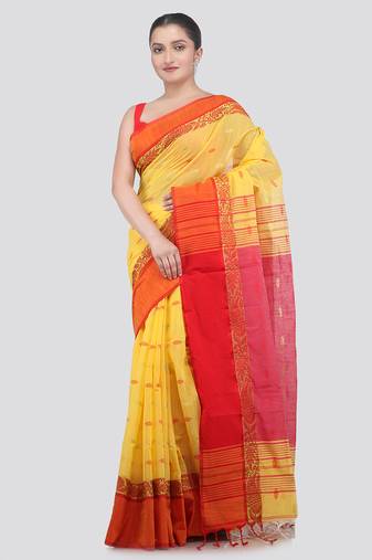 yellow handloom cotton bleand saree with blouse piece