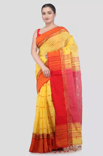 yellow handloom cotton bleand saree with blouse piece
