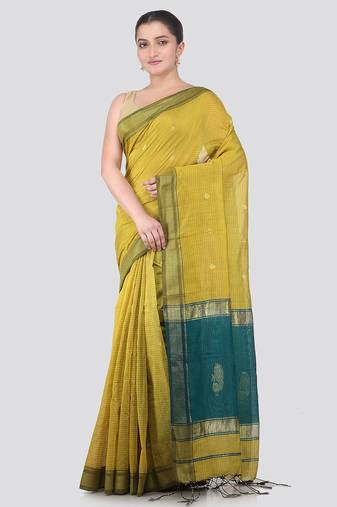 yellow handloom cotton bleand saree with blouse piece