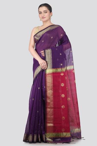 purple handloom cotton bleand saree with blouse piece