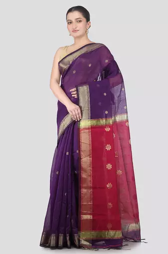 purple handloom cotton bleand saree with blouse piece