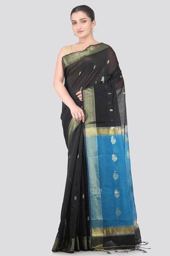 black handloom cotton bleand saree with blouse piece