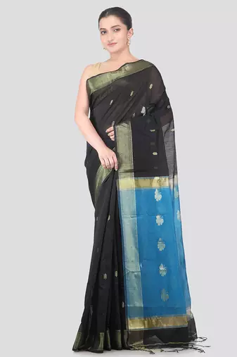 black handloom cotton bleand saree with blouse piece