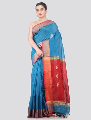 turquoise handloom cotton bleand saree with blouse piece 1