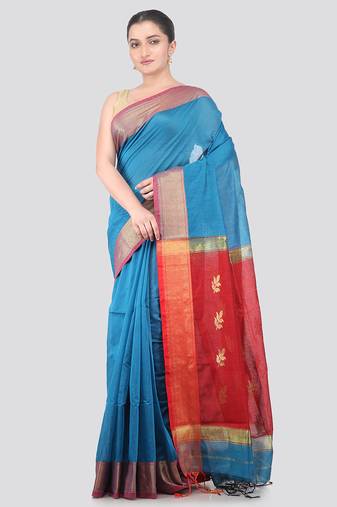 turquoise handloom cotton bleand saree with blouse piece