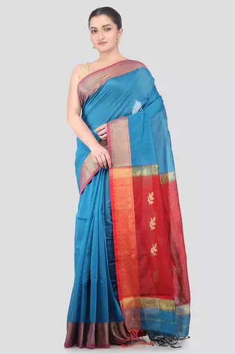 turquoise handloom cotton bleand saree with blouse piece