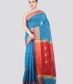 turquoise handloom cotton bleand saree with blouse piece