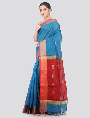 turquoise handloom cotton bleand saree with blouse piece 2