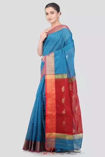 turquoise handloom cotton bleand saree with blouse piece