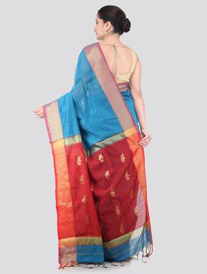 turquoise handloom cotton bleand saree with blouse piece 3