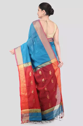turquoise handloom cotton bleand saree with blouse piece