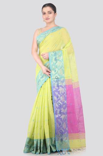 green handloom cotton bleand saree with blouse piece