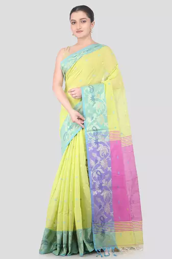 green handloom cotton bleand saree with blouse piece