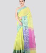 green handloom cotton bleand saree with blouse piece