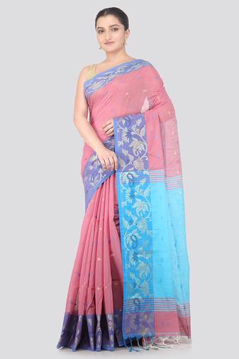 pink handloom cotton bleand saree with blouse piece