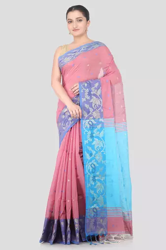 pink handloom cotton bleand saree with blouse piece