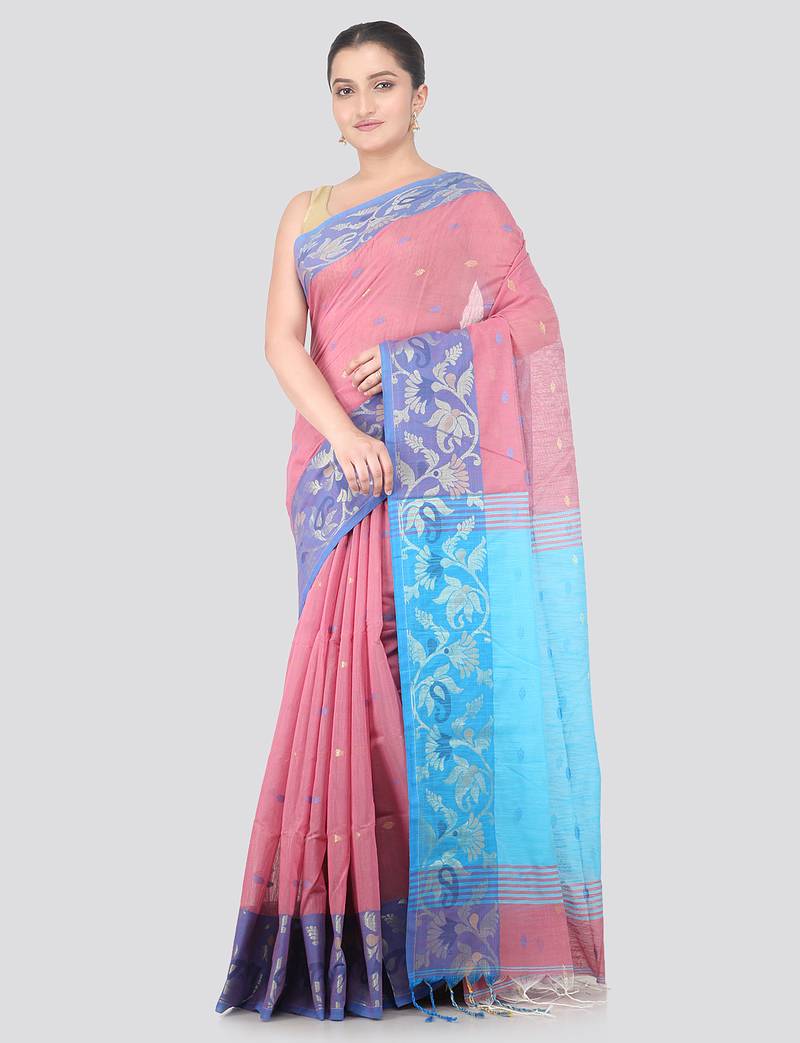 pink handloom cotton bleand saree with blouse piece