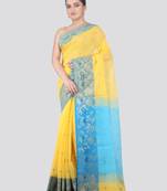 yellow handloom cotton bleand saree with blouse piece