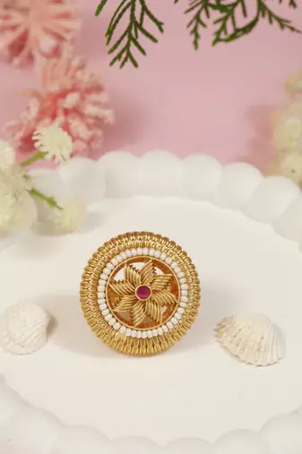 Gold plated traditional floral design comfort fit finger ring for women 