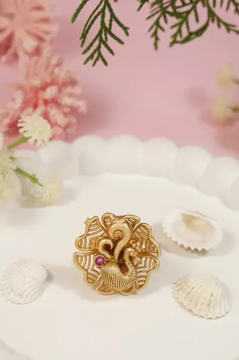 Gold plated traditional peacock design comfort fit finger ring for women (fl269)