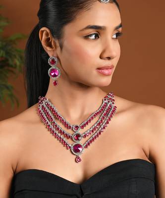 Silver plated traditional multi-layer round stone necklace jewellery with earrings & maang tikka 1