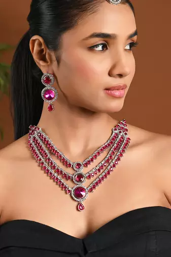 Silver plated traditional multi-layer round stone necklace jewellery with earrings & maang tikka