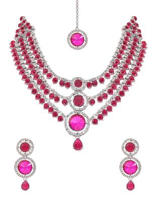 Silver plated traditional multi-layer round stone necklace jewellery with earrings & maang tikka 2