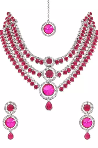 Silver plated traditional multi-layer round stone necklace jewellery with earrings & maang tikka