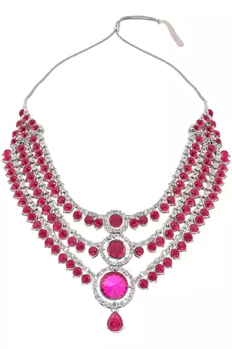 Silver plated traditional multi-layer round stone necklace jewellery with earrings & maang tikka