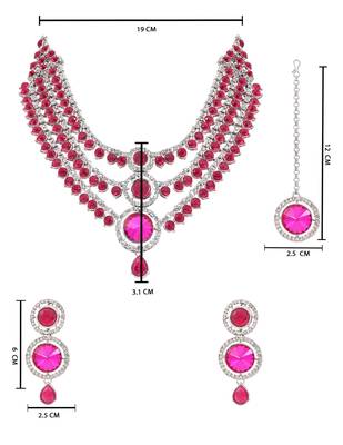 Silver plated traditional multi-layer round stone necklace jewellery with earrings & maang tikka 5