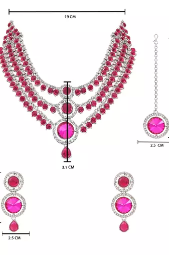 Silver plated traditional multi-layer round stone necklace jewellery with earrings & maang tikka