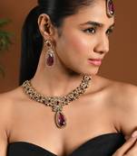 Gold plated stylish design crystal diamond traditional floral necklace with earrings & maang tikka jewellery