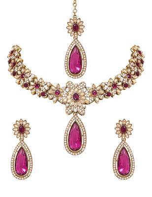 Gold plated stylish design crystal diamond traditional floral necklace with earrings & maang tikka jewellery 2