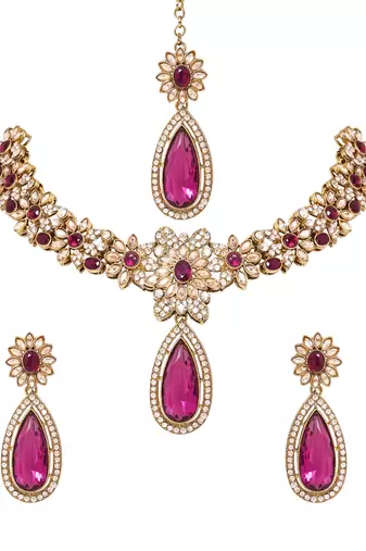 Gold plated stylish design crystal diamond traditional floral necklace with earrings & maang tikka jewellery