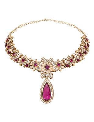 Gold plated stylish design crystal diamond traditional floral necklace with earrings & maang tikka jewellery 3