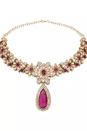 Gold plated stylish design crystal diamond traditional floral necklace with earrings & maang tikka jewellery