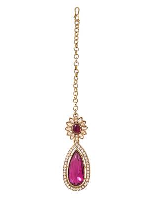 Gold plated stylish design crystal diamond traditional floral necklace with earrings & maang tikka jewellery 5