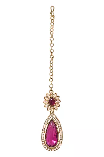 Gold plated stylish design crystal diamond traditional floral necklace with earrings & maang tikka jewellery