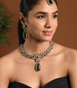 Gold plated stylish design crystal diamond traditional floral necklace with earrings & maang tikka jewellery