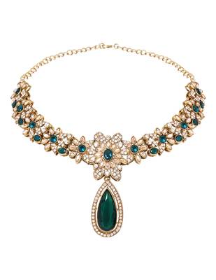 Gold plated stylish design crystal diamond traditional floral necklace with earrings & maang tikka jewellery 3