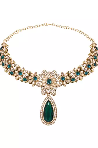 Gold plated stylish design crystal diamond traditional floral necklace with earrings & maang tikka jewellery