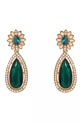 Gold plated stylish design crystal diamond traditional floral necklace with earrings & maang tikka jewellery