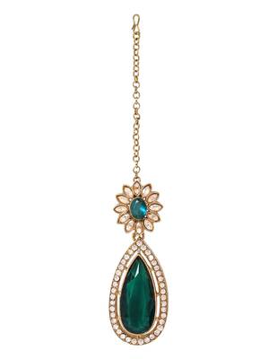 Gold plated stylish design crystal diamond traditional floral necklace with earrings & maang tikka jewellery 5