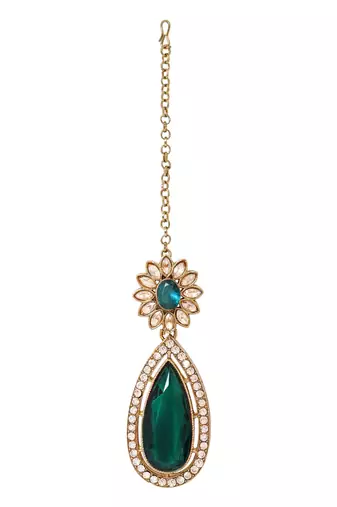 Gold plated stylish design crystal diamond traditional floral necklace with earrings & maang tikka jewellery